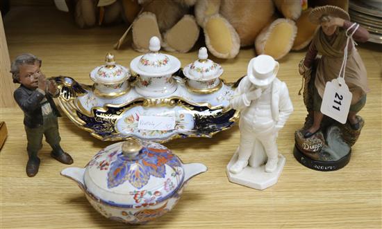 A Continental porcelain inkstand, a Royal Worcester figure, a Spode bowl and cover and two terracotta figures largest figure 22cm
